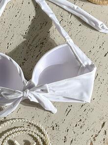 SHEIN Swim Women's Summer Beach Solid Color Halter Bikini Top, Push-Up With Underwire - White - View 6