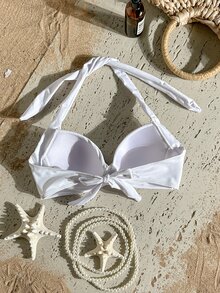 SHEIN Swim Women's Summer Beach Solid Color Halter Bikini Top, Push-Up With Underwire - White - View 4
