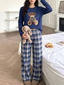 SHEIN 青少年女款熊圖案長袖圓領套頭居家休閒上衣 藍色格紋 寬鬆版型 - 紅色 - 查看 3