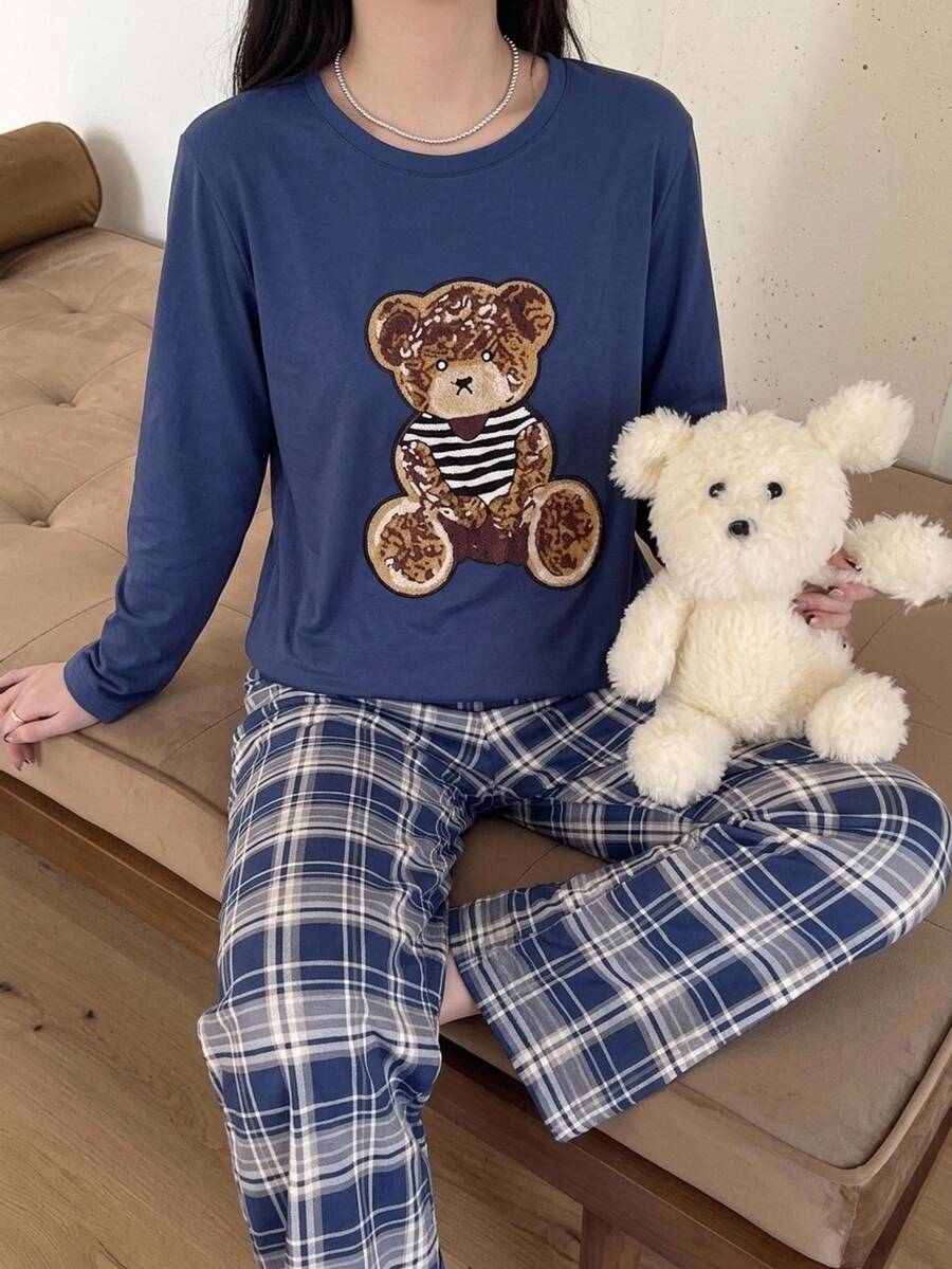 SHEIN 青少年女款熊圖案長袖圓領套頭居家休閒上衣 藍色格紋 寬鬆版型 - 紅色 - 查看 1