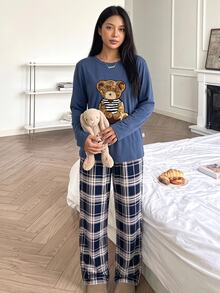 SHEIN 青少年女款熊圖案長袖圓領套頭居家休閒上衣 藍色格紋 寬鬆版型 - 紅色 - 查看 7