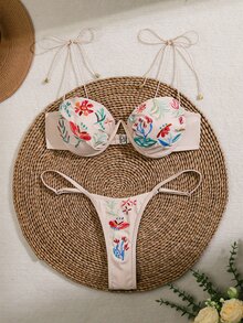 SHEIN Swim New Embroidered Floral Elastic-Banded Underwire Push Up Sexy Bikini Set Summer - Apricot - View 5