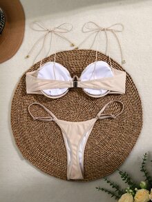 SHEIN Swim New Embroidered Floral Elastic-Banded Underwire Push Up Sexy Bikini Set Summer - Apricot - View 8