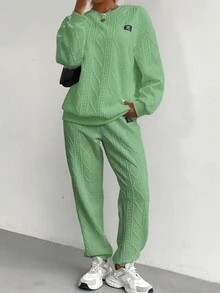 SHEIN 女性 Mass 塊顏色休閒兩件套裝 - 綠色 - 查看 4