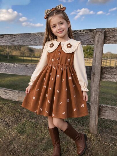 SHEIN 1pc Girls Maillard Vintage Style 2 In 1 Dress, Floral Embroidery On Body, Peter Pan Collar With 3D Flower Decoration, Patchwork Long Sleeve With Ruffle Cuffs, Waist-Cinching A-Line Midi Dress, Regular Thickness, 2 In 1 Dress, Soft Fit, Suitable For Daily Wear, Holiday Activities, Great Atmosphere, Fits Spring And Autumn Seasons