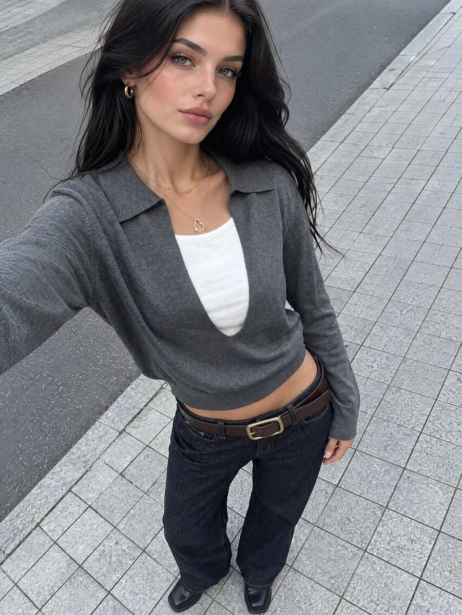 Autumina Women's Colorblock Casual Daily Long Sleeve Sweater - Grey - View 1