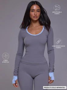 Musera Sport Contrast Colour Hem Scoop Neck Logo Fitted Long Sleeve Active Top Autumn Winter Fall Active Gym Workout Ski Blacksnow - Grey - View 1