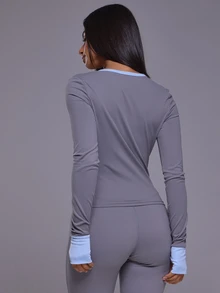 Musera Sport Contrast Colour Hem Scoop Neck Logo Fitted Long Sleeve Active Top Autumn Winter Fall Active Gym Workout Ski Blacksnow - Grey - View 4