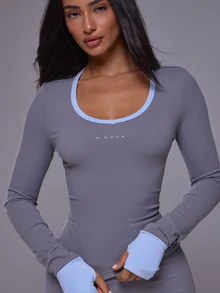 Musera Sport Contrast Colour Hem Scoop Neck Logo Fitted Long Sleeve Active Top Autumn Winter Fall Active Gym Workout Ski Blacksnow - Grey - View 5