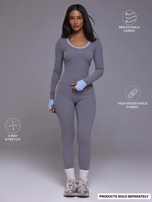 Musera Sport Contrast Colour Hem Scoop Neck Logo Fitted Long Sleeve Active Top Autumn Winter Fall Active Gym Workout Ski Blacksnow - Grey - View 2