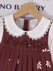 SHEIN 女童蕾絲飾邊彼得潘領裝飾百褶長袖洋裝，復古蕾絲飾邊，甜美校園風日常穿著秋季洋裝 - 紅色 - 查看 5