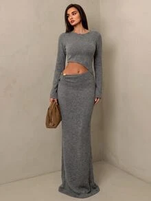 SHEIN Unity Women's Solid Color Round Neck Long Sleeve Elastic Waist Cutout Long Knit Dress Brunch Night Out Grey Fall Sexy - Grey - View 5