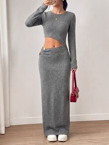 SHEIN Unity Women's Solid Color Round Neck Long Sleeve Elastic Waist Cutout Long Knit Dress Brunch Night Out Grey Fall Sexy - Grey - View 4
