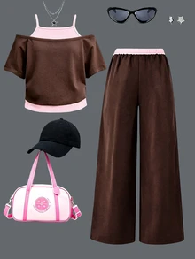 Tween Girls 2 Pcs Cartoon Dog Print Top, Tank & Wide Leg Pants Set, Pink Brown Sporty Stripe, Fall Sets Outfit - Multicolor - View 2