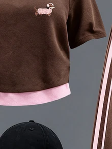 Tween Girls 2 Pcs Cartoon Dog Print Top, Tank & Wide Leg Pants Set, Pink Brown Sporty Stripe, Fall Sets Outfit - Multicolor - View 5