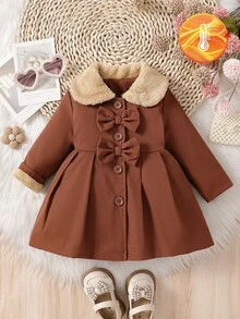 SHEIN 女嬰保暖抓絨內裡風衣 西部牛仔女郎風格 泰迪毛領 A字百褶夾克 棕色 冬季 感恩節聖誕節社團款 - 巧克力棕 - 查看 3