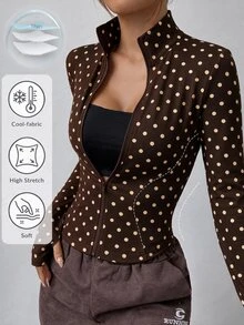 SHEIN EZwear 女款黑白波點長袖前拉鍊修身夾克，健身運動休閒街頭風，適合秋季運動健身、走路穿著，寬鬆休閒運動外套 - 棕色 - 查看 12