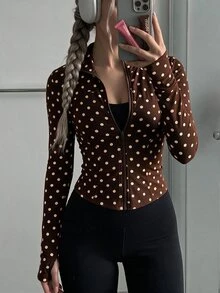 SHEIN EZwear 女款黑白波點長袖前拉鍊修身夾克，健身運動休閒街頭風，適合秋季運動健身、走路穿著，寬鬆休閒運動外套 - 棕色 - 查看 10