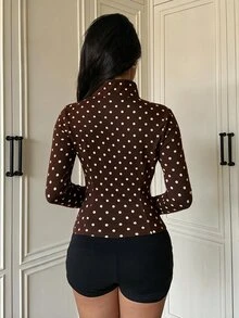 SHEIN EZwear 女款黑白波點長袖前拉鍊修身夾克，健身運動休閒街頭風，適合秋季運動健身、走路穿著，寬鬆休閒運動外套 - 棕色 - 查看 2