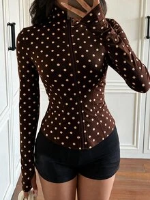 SHEIN EZwear 女款黑白波點長袖前拉鍊修身夾克，健身運動休閒街頭風，適合秋季運動健身、走路穿著，寬鬆休閒運動外套 - 棕色 - 查看 3
