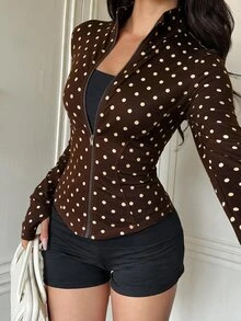 SHEIN EZwear 女款黑白波點長袖前拉鍊修身夾克，健身運動休閒街頭風，適合秋季運動健身、走路穿著，寬鬆休閒運動外套 - 棕色 - 查看 9