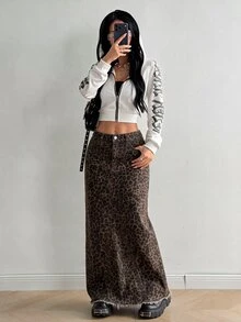 SHEIN HypeZone Women's Leopard Print Pocket Long Fashion Denim Skirt,Fall/Winter,Women Halloween Costume - Brown - View 6