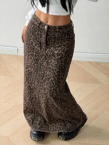 SHEIN HypeZone Women's Leopard Print Pocket Long Fashion Denim Skirt,Fall/Winter,Women Halloween Costume - Brown - View 3