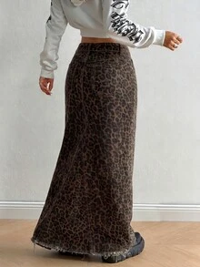 SHEIN HypeZone Women's Leopard Print Pocket Long Fashion Denim Skirt,Fall/Winter,Women Halloween Costume - Brown - View 2
