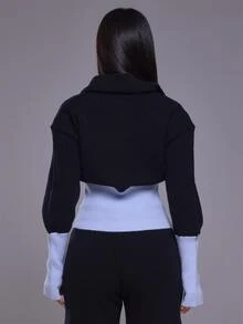 MUSERA Áo len dệt kim cổ cao kéo khóa, eo bo thắt, phong cách năng động cho tập gym, tập luyện, trượt tuyết, mùa thu đông, màu đen tuyết - màu đen - Xem 4