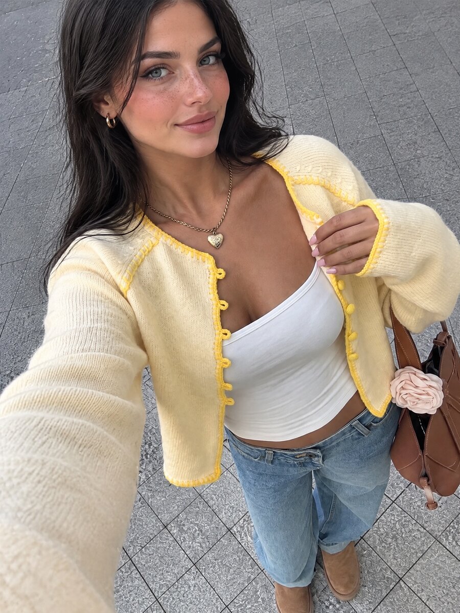Autumina Women's Raglan Long Sleeve Single-Breasted Casual Cute Knit Cardigan Brunch Light Yellow Fall - Yellow - View 1