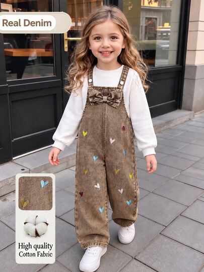 Girls' Denim Overalls, Autumn New Style, Multi-Color Heart Embroidery, Vintage Denim Khaki Color, 3D Bow Design On Chest, Loose Straight Leg Fit, Comfortable Cotton Denim Fabric, Versatile For Daily Wear, School, Vacation, Thanksgiving, Christmas Or Back To School Season