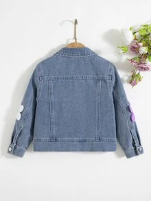 SHEIN 1件女款甜美可愛風水洗藍色斜紋織布3D毛巾刺繡白色與紫色對比大花飾領單排扣胸袋開襟長袖短夾克，適中厚度寬鬆版型，適合日常外出、返校、購物、旅行、聚會，春秋穿搭百搭外套 - 藍色 - 查看 2