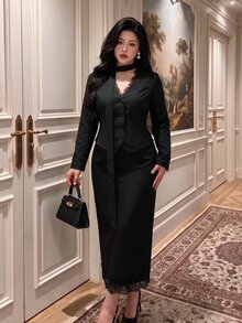 Vibekara Plus Size Striped 2 Pieces Suit Set, Bodycon Skirt, Slim Fit Contrast Lace, Elegant Sexy, Brown-Red, Early Autumn Fall - Black - View 4