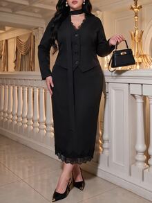 Vibekara Plus Size Striped 2 Pieces Suit Set, Bodycon Skirt, Slim Fit Contrast Lace, Elegant Sexy, Brown-Red, Early Autumn Fall - Black - View 5