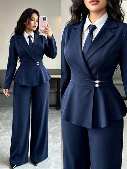 Elenzga Conjunto de traje para mujer talla grande otoño nuevo elegante para ir a la oficina azul marino con solapa, chaqueta de manga larga con cintura ceñida y corte en A y pantalones largos, adecuado para oficina, ir a la oficina y uso diario
