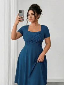 SHEIN LUNE Plus Size Women's Cross-Over Pleated Square Neckline Dress - Baby Blue - View 1