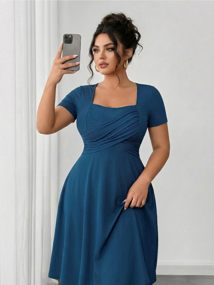 SHEIN LUNE Plus Size Women's Cross-Over Pleated Square Neckline Dress - Baby Blue - View 1