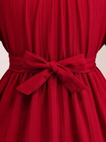 SHEIN Girls' Red Floral Elegant Cute Puff Long Sleeve Laye Ruffle Dress, Cinched Waist, Soft Textu Mid-Length Skirt, Christmas, Party Flower Girl, Fall - Burgundy - View 5