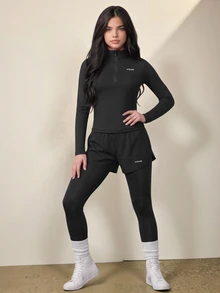 SHEIN Tween Girls Sports Set, Minimalist Athletic Modest Fashion Sports Top + Double-Layer Pants, High-Elastic Comfortable Fit, Gym Black White Fall - Black - View 6