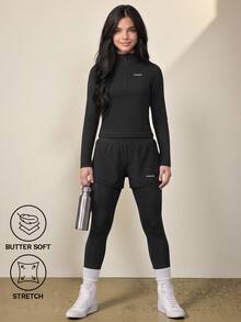 SHEIN Tween Girls Sports Set, Minimalist Athletic Modest Fashion Sports Top + Double-Layer Pants, High-Elastic Comfortable Fit, Gym Black White Fall - Black - View 2