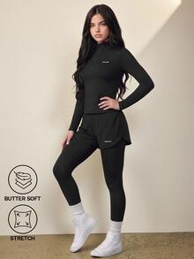 SHEIN Tween Girls Sports Set, Minimalist Athletic Modest Fashion Sports Top + Double-Layer Pants, High-Elastic Comfortable Fit, Gym Black White Fall - Black - View 1