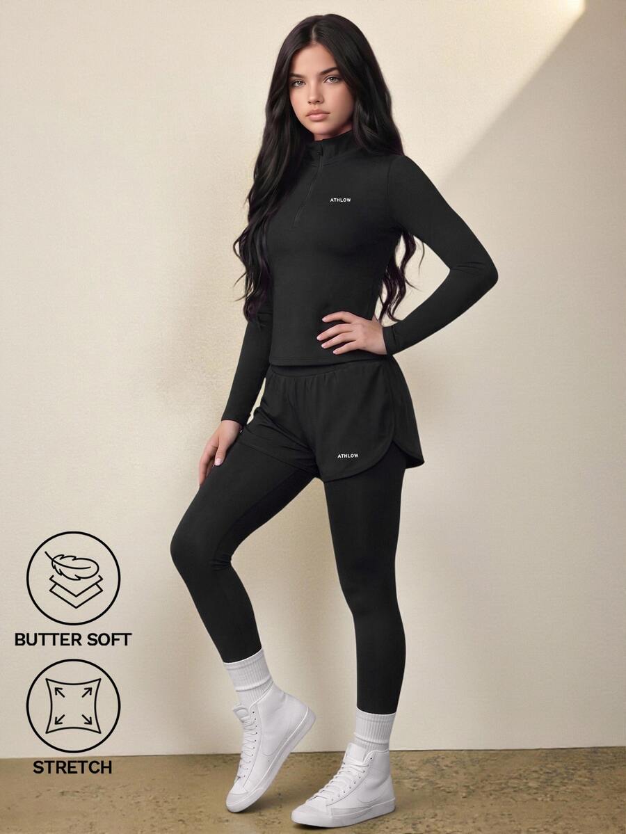 SHEIN Tween Girls Sports Set, Minimalist Athletic Modest Fashion Sports Top + Double-Layer Pants, High-Elastic Comfortable Fit, Gym Black White Fall - Black - View 1