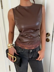 Siren Gaze Autumn/Winter New Brown PU Lace Patchwork Vest For Women - Brown - View 3
