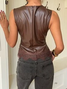 Siren Gaze Autumn/Winter New Brown PU Lace Patchwork Vest For Women - Brown - View 2