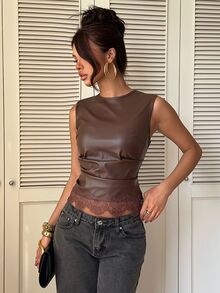 Siren Gaze Autumn/Winter New Brown PU Lace Patchwork Vest For Women - Brown - View 6
