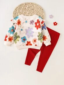 Cozy Pixies Baby Girl Knitted Special Effect Print Pattern Ruffle Hem Casual Sweatshirt & Long Pants 2 Pieces Set - Multicolor - View 2