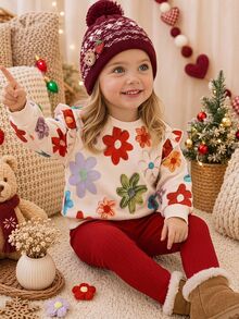 Cozy Pixies Baby Girl Knitted Special Effect Print Pattern Ruffle Hem Casual Sweatshirt & Long Pants 2 Pieces Set - Multicolor - View 7
