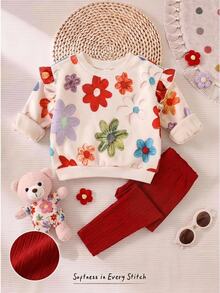 Cozy Pixies Baby Girl Knitted Special Effect Print Pattern Ruffle Hem Casual Sweatshirt & Long Pants 2 Pieces Set - Multicolor - View 1