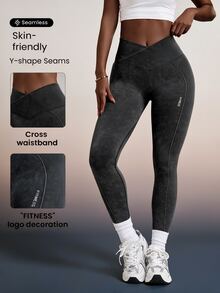 Core Rhythm Legging Olahraga Yoga Elastisitas Tinggi Tanpa Jahitan dengan Pinggang Silang dan Tekstur Sandwashed - Hitam - View 4