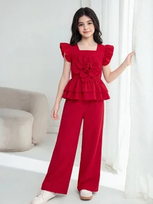 Tween Girls 2pcs/Set Solid Color Floral Decor Top And Pants Set, Summer, Casual Cute Cowgirl, Outfit, Daily, Christmas Outfits Birthday Red - Red - View 2